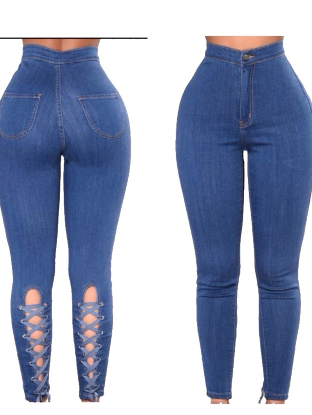 Fashion Nova Blue High-Rise Lace-Up Back Skinny Jeans.  A lot of stretch